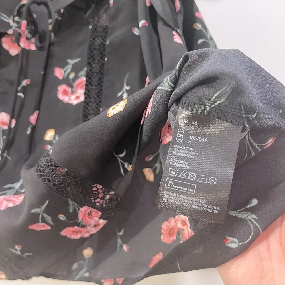 H&M Floral Semi Sheer Dainty Shoulder Tie Flutter Sleeve Summer Front Bow Blouse - Picture 8 of 8